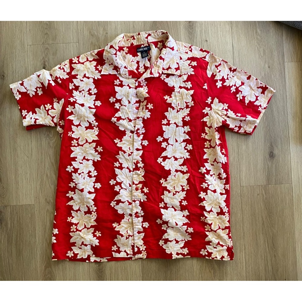 Cherokee Mens XL Hawaiian Aloha Shirt Red Hibiscus Floral 100% Cotton Button Up